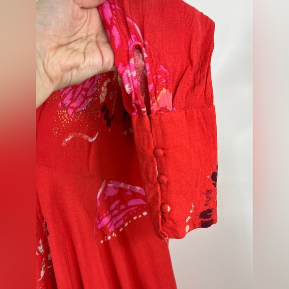 Free People Field of Butterflies Oversized Red Orange Long Sleeve Tunic size S - Picture 8 of 13